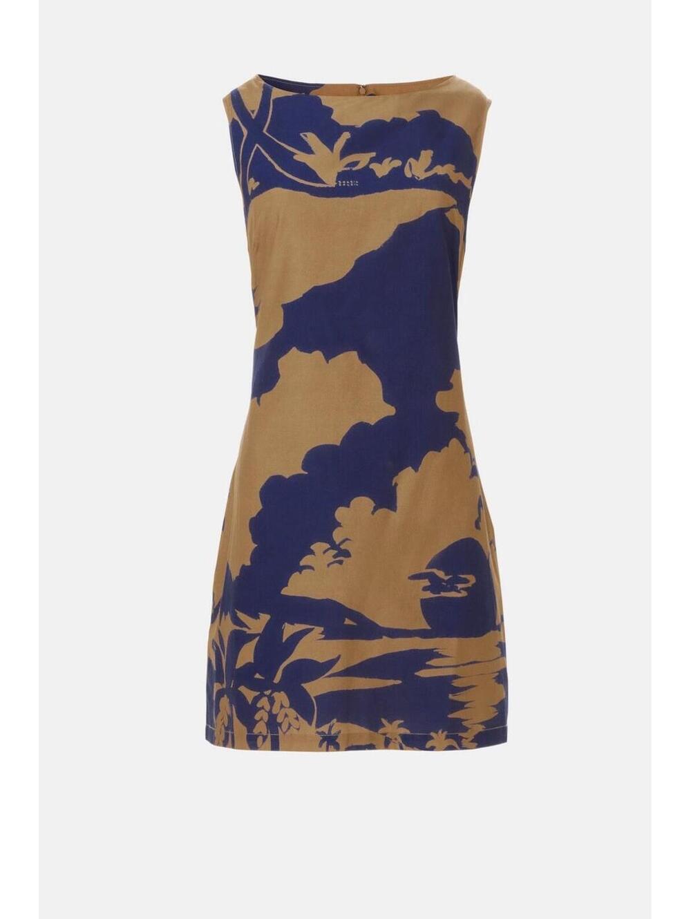 Sleeveless Scenic Print Shift Dress in Navy and Tan